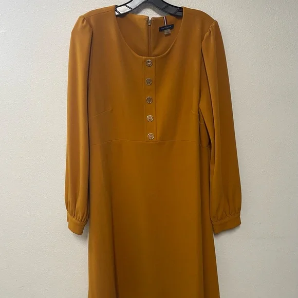 tommy hilfiger gold dress Tommy Hilfiger Women's Gold Shimmer Ruched Surplice Puff-Sleeve Dress Sz 14